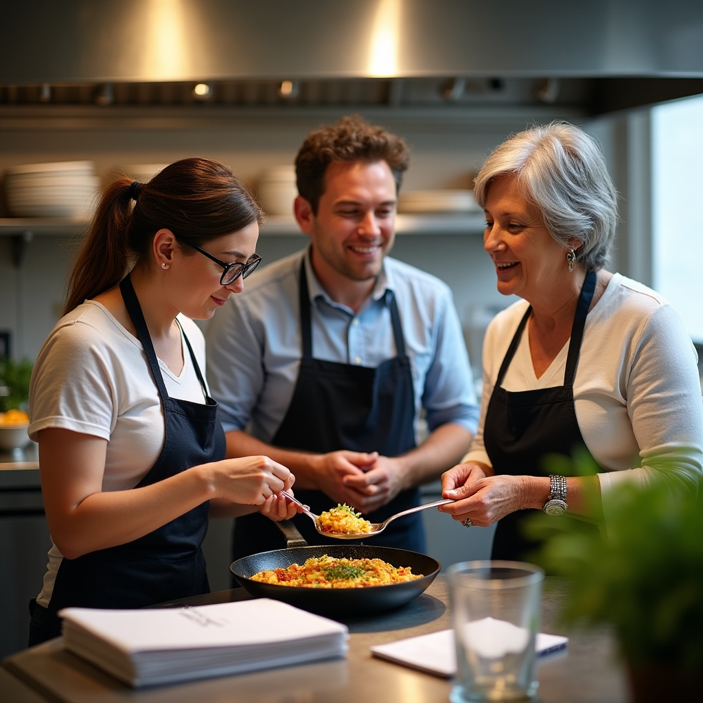 Recipe editors reviewing a dish together in a test kitchen