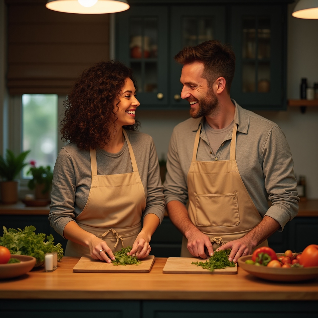 Two adults cooking together in a home kitchen, chopping vegetables at the counter