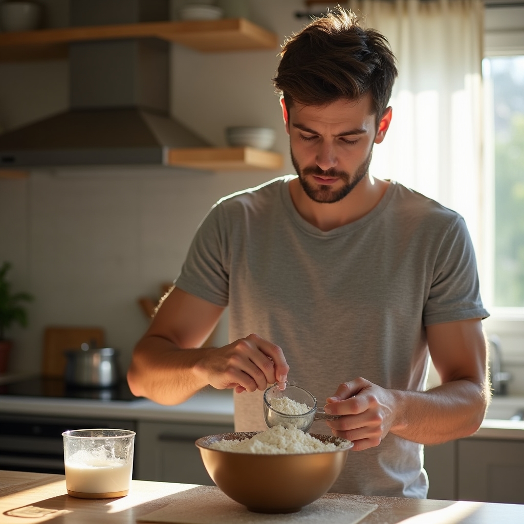 Beginner home cook reading a recipe card while measuring ingredients