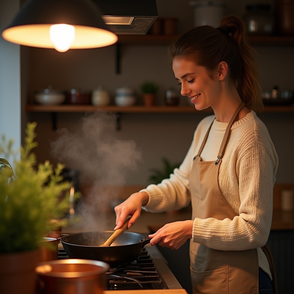 Home cook stirring a pan on the stove in a warm kitchen