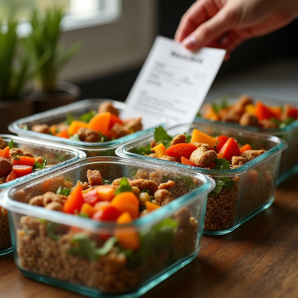 Weekly meal prep containers arranged on a kitchen counter with a recipe card nearby