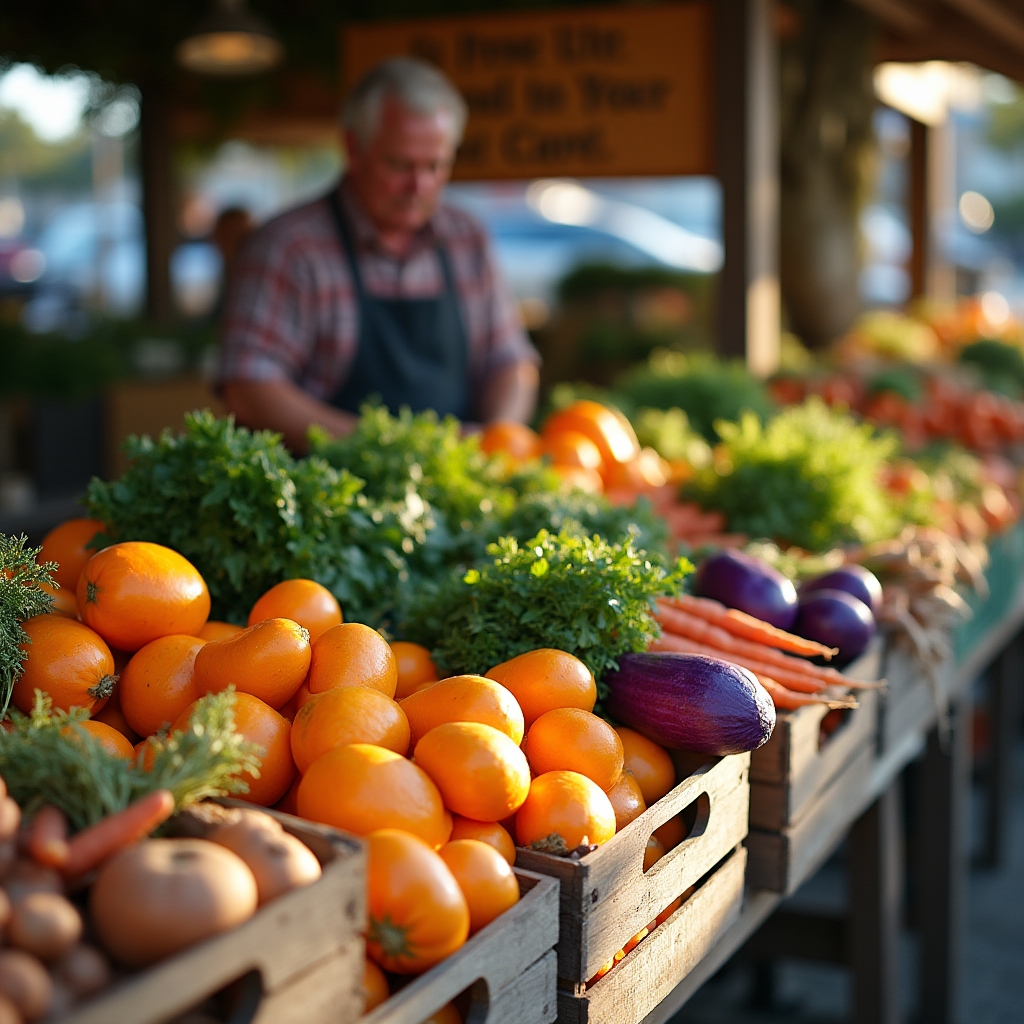 Wooden crates of seasonal vegetables and herbs at an outdoor farmers market