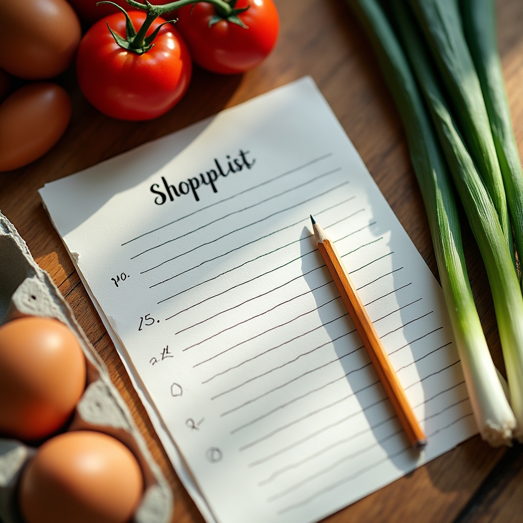 Handwritten shopping list next to fresh produce on a kitchen counter