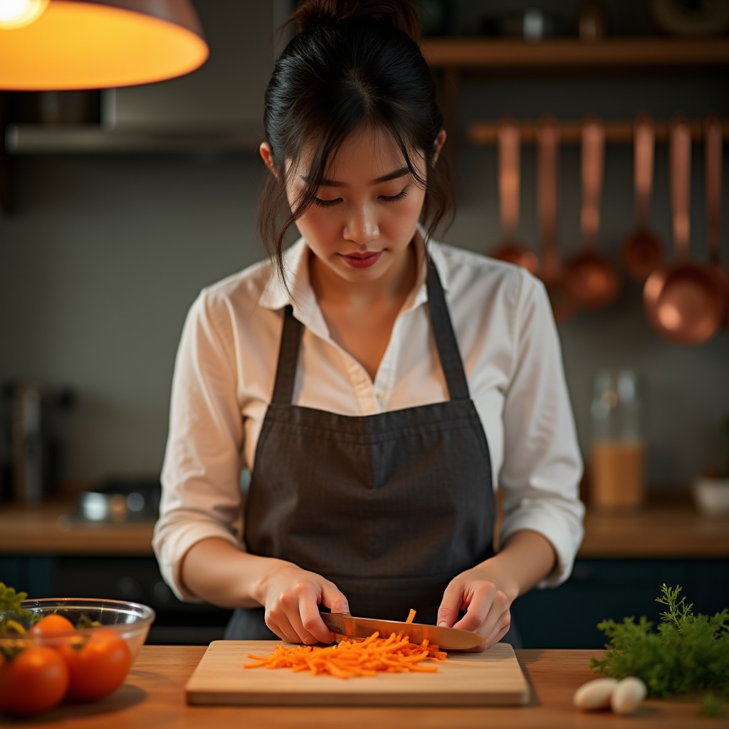 Home cook practicing a knife technique on a cutting board under kitchen lighting