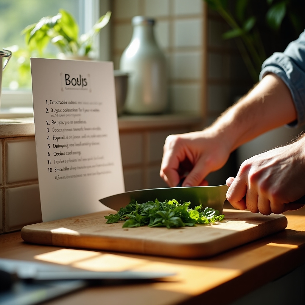 Close up of hands following a printed step-by-step recipe card while cooking